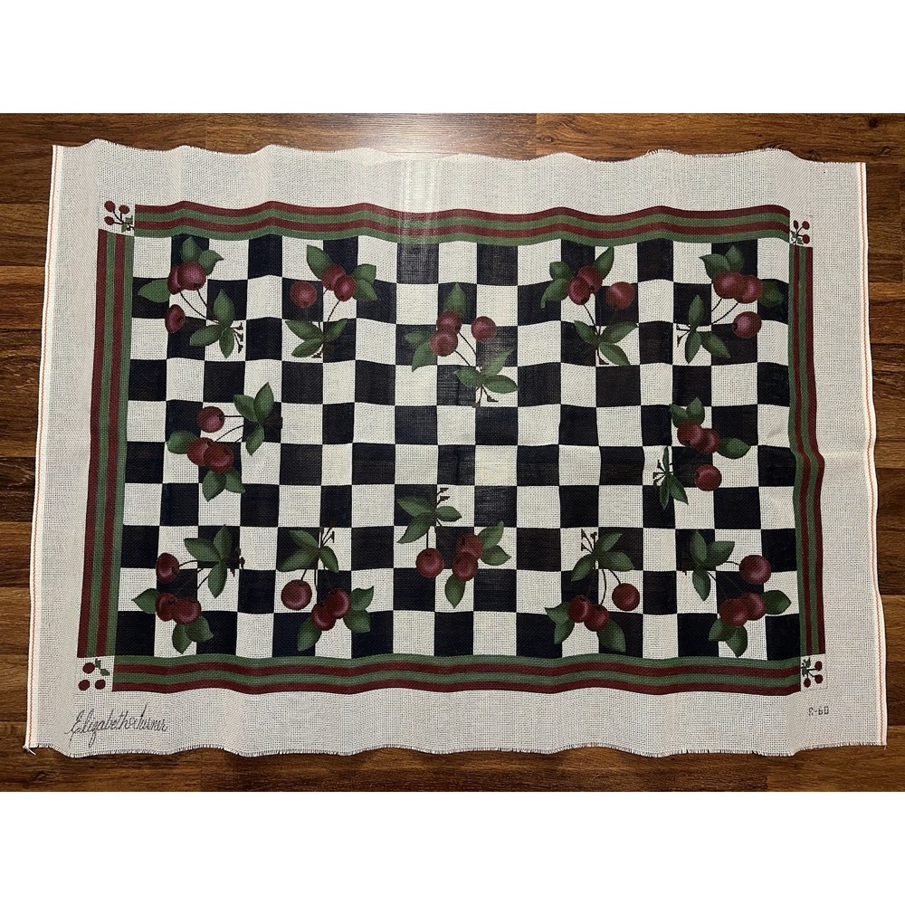 ELIZABETH TURNER Needlepoint HAND PAINTED Canvas Cherries&Checkerboard 53" X 35"